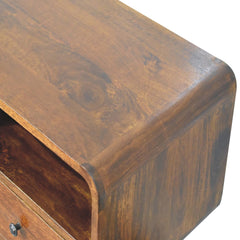 Solid Wood Triple Curved Chestnut Console Table, 3-Drawers, 3 Open Slots, Nordic Legs, Brown