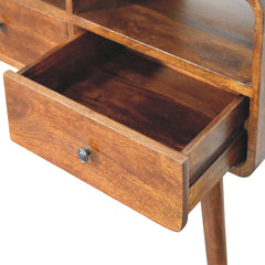 Solid Wood Triple Curved Chestnut Console Table, 3-Drawers, 3 Open Slots, Nordic Legs, Brown