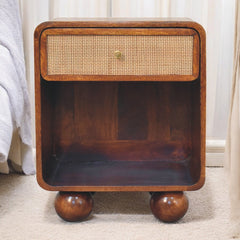 Solid Wood Chestnut Open Woven Bedside, 1-Drawer, Brown