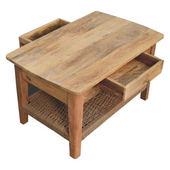 Solid Wood Rope Coffee Table, 2-Drawers, 1 Open Storage, Light Brown