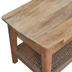 Solid Wood Rope Coffee Table, 2-Drawers, 1 Open Storage, Light Brown