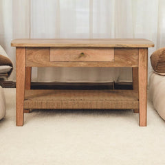 Solid Wood Rope Coffee Table, 2-Drawers, 1 Open Storage, Light Brown