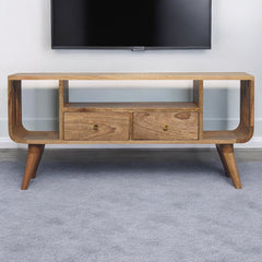 Solid Wood Soba Nordic Multi Media Unit, 2-Drawers, 3 Open-Slots, Light Brown