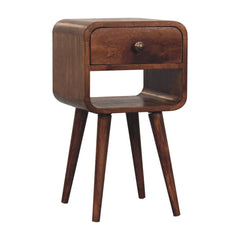 Solid Wood Mini Honey Caramel Curved Bedside, 1-Drawer, 1 Open-Slot, Nordic Legs, Brown