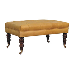 Solid Wood Honey Caramel Buffalo, Leather Ottoman with Castor Legs, Yellow and Ash Black