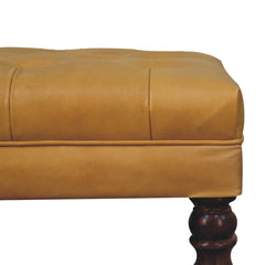 Solid Wood Honey Caramel Buffalo, Leather Ottoman with Castor Legs, Yellow and Ash Black
