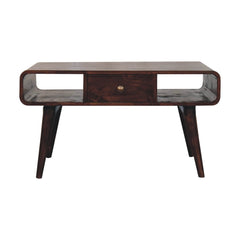 Solid Wood Curved California Walnut Coffee Table, 2-Drawers, 2 Shelves, Nordic Legs, Dark Brown