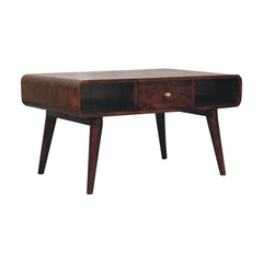 Solid Wood Curved California Walnut Coffee Table, 2-Drawers, 2 Shelves, Nordic Legs, Dark Brown