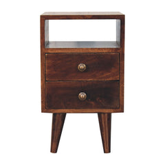 Solid Wood Mini Classic California Walnut Bedside, 2-Drawers, 1 Open Shelf, Nordic Legs, Dark Brown