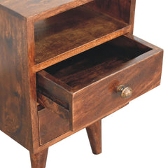 Solid Wood Mini Classic California Walnut Bedside, 2-Drawers, 1 Open Shelf, Nordic Legs, Dark Brown