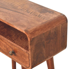 Solid Wood Mini Curved Honey Caramel Console Table, 2-Drawers, Open Slot, Nordic Legs, Brown