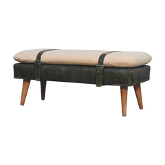 Bouclé Buffalo Hide Olive Green Leather Bench, Nordic Legs,