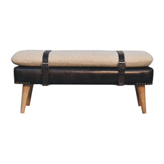 Bouclé Buffalo Hide Black Leather Bench Upholstered, Nordic Legs, Beige and Black