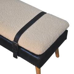 Bouclé Buffalo Hide Black Leather Bench Upholstered, Nordic Legs, Beige and Black