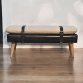 Bouclé Buffalo Hide Black Leather Bench Upholstered, Nordic Legs, Beige and Black