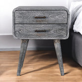 Solid Wood Sandblasted Ash Curved Bedside, 2-Drawers, Gray