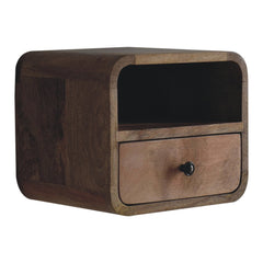 Extra Mini Wall-Mounted Curved Oak-ish Nightstand with Open Slot, 1-Drawer, Light Brown