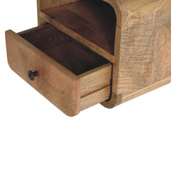 Extra Mini Wall-Mounted Curved Oak-ish Nightstand with Open Slot, 1-Drawer, Light Brown