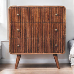 Solid Wood Honey Caramel T-Bar Ridged Chest, 3-Drawer, Brown