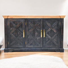 Solid Wood Regal Rustic Sideboard, 6 Compartments, Gold, Ash Black and Brown