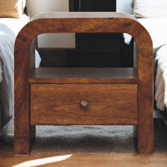 Solid Wood Darcy Nightstand, 1 Drawer and open shelf, Chestnut, Brown