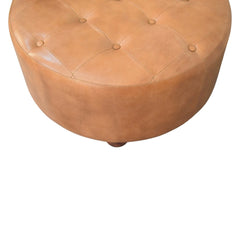 Brown Buffalo Hide Leather Upholstered, Round Ottoman, Tan and Brown