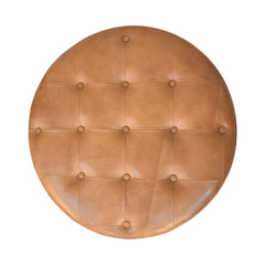 Brown Buffalo Hide Leather Upholstered, Round Ottoman, Tan and Brown