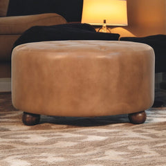 Brown Buffalo Hide Leather Upholstered, Round Ottoman, Tan and Brown