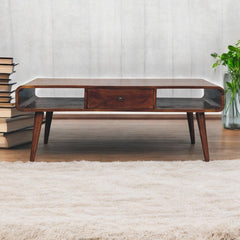 Solid Wood, Avora 2-Drawer, 2 Open-Slot, Chestnut Coffee Table, Dark Brown
