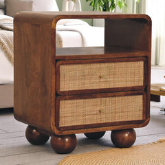 Solid Wood Larissa Chestnut Nightstand, 2-Drawers, 1 Open-Slot, Beige and Brown
