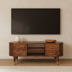 Solid Wood Jetson Curve Media Console,Brown With 4-Drawers,2-shelf