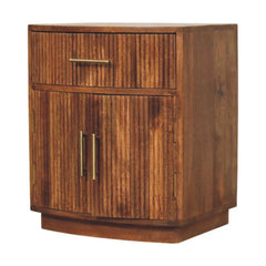 Solid Wood Curved Ribbed Bedside with Drawer,Brown,1-door