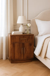 Solid Wood Curved Ribbed Bedside with Drawer,Brown,1-door