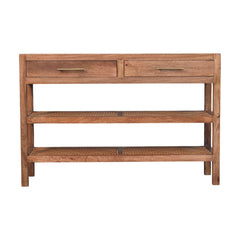 Solid Wood Woven Tier Console,Brown,2-Drawers,2-Shelf