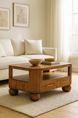 Solid Wood Briarwood Fluted Coffee Table,Beige,1-Shelf,2-Drawers
