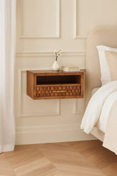 Solid Wood Arno Wall-Mounted Nightstand in Golden Teak,Brown,1-Shelf,1-Drawer