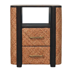 Solid Wood Rattan Curve Edge Nightstand,2-Drawers,1-Shelf