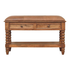 Solid Wood Leather Spindle Bench,Leather,2-Drawer,1-Shelf