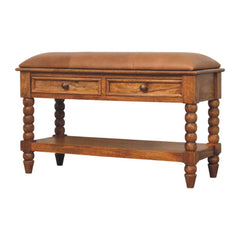 Solid Wood Leather Spindle Bench,Leather,2-Drawer,1-Shelf