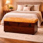 Solid Wood Walnut Storage Trunk Bench with Tan Leather
