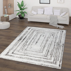 Modern Abstract Concentric Rectangle Grey & Black Area Rug, Runner & Round Rug – MR246A Grey/Black