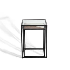 Glass & Wood Nesting Tables Set of 2 | Black Metal Legs Side Table Set