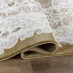 Traditional French Floral Damask Medallion Beige & Gold Area Rug & Runner – 17456 Beige Gold