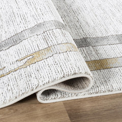 Modern Abstract Brushstroke Bordered Grey & Gold Area Rug & Runner – 67747 Grey Gold