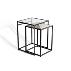 Glass & Wood Nesting Tables Set of 2 | Black Metal Legs Side Table Set