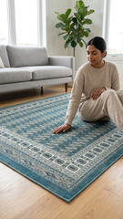 Sultan C669B Blue plush area rug styled with elegant furniture