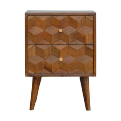 Chestnut Cube Carved Bedside Nightstand, Nordic Legs, 2-Drawers, Brown