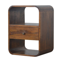 Solid Wood Chestnut Curved Edge Nightstand, 1-Drawer, 2 Open Slots, Brown