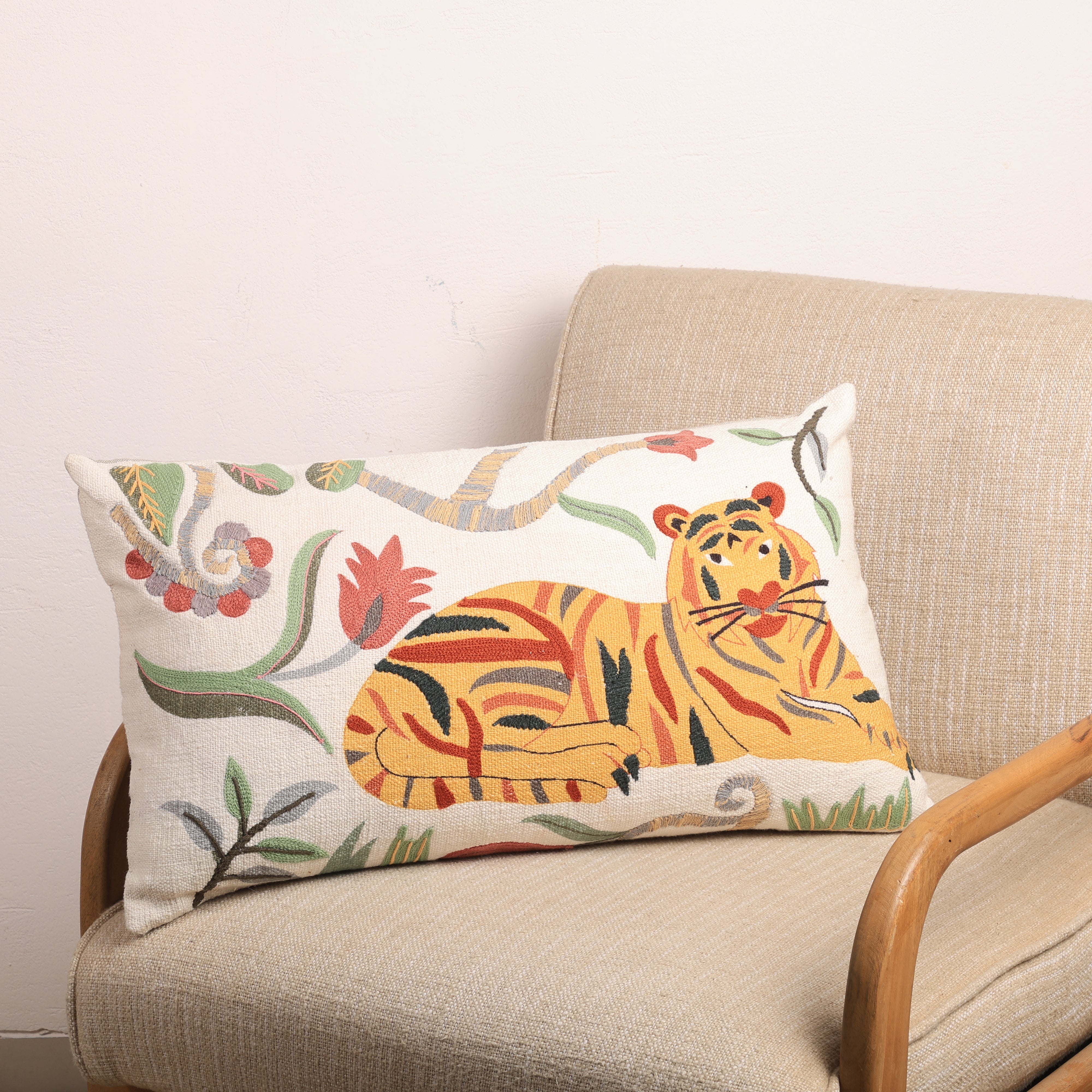 Floral Safari Tiger Pillow | 24x14" | Cotton Fabric