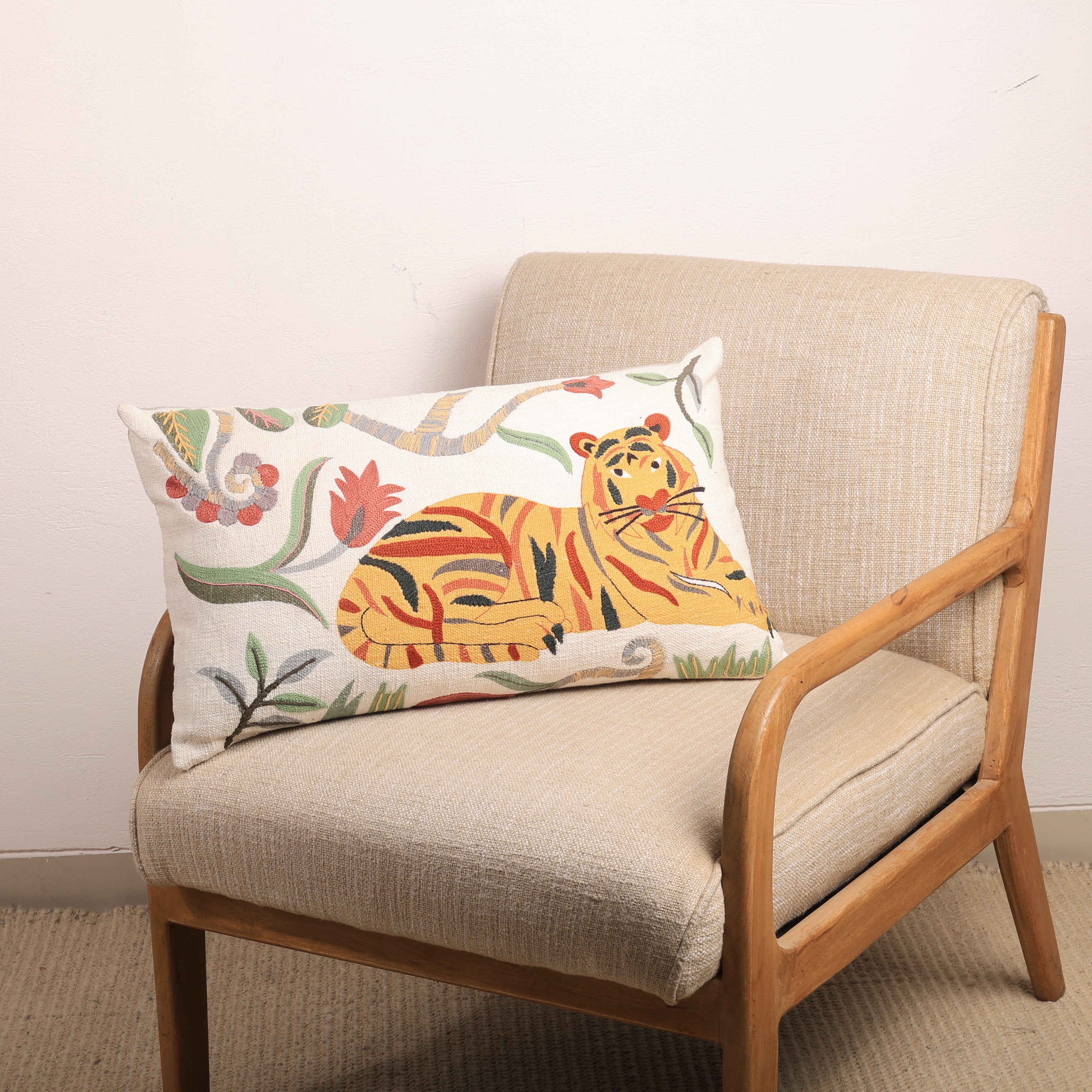 Floral Safari Tiger Pillow | 24x14" | Cotton Fabric